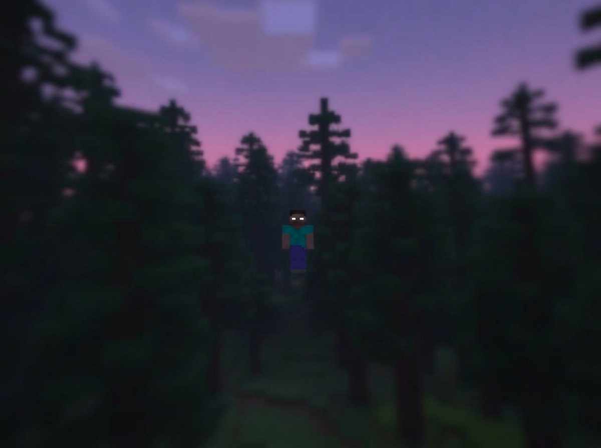 Blurry in-game Minecraft screenshot: pine forest at dusk, a pale eyeless humanoid silhouette is visible far away between the trees.